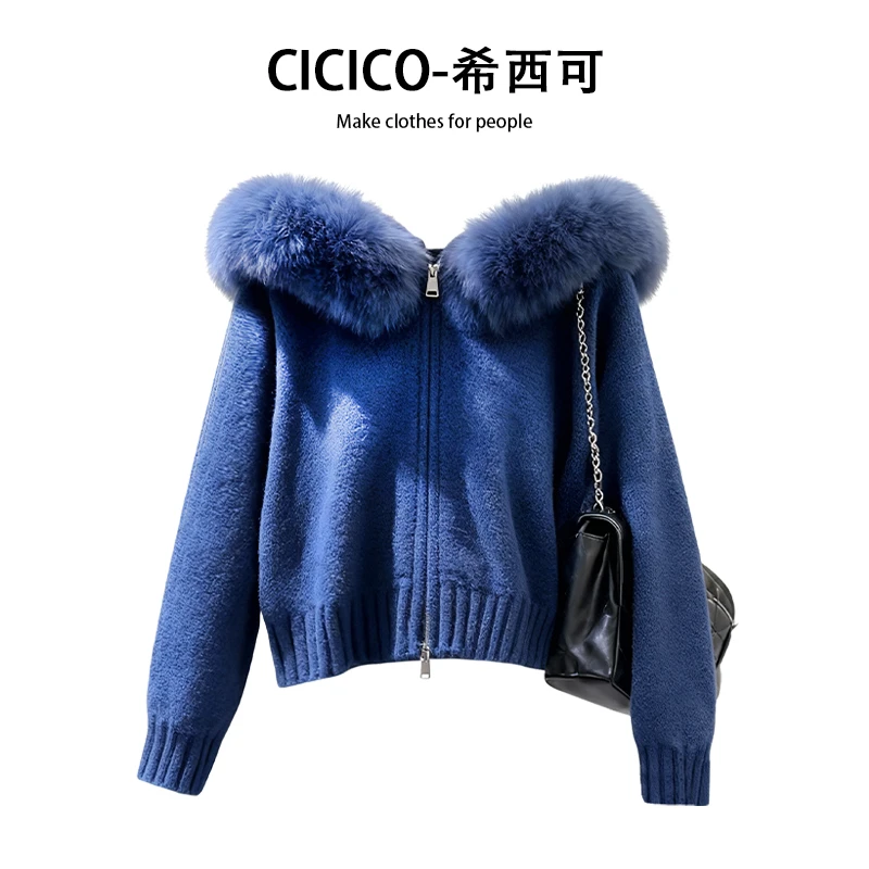 韩系高级感毛领连帽蓝色毛衣开衫外套女秋冬慵懒风宽松上衣针织衫