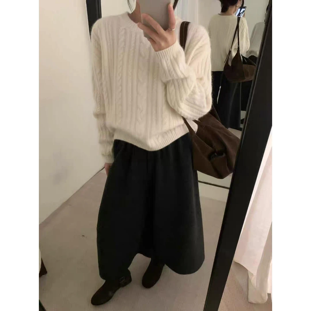 《木兮木》秋冬韩版慵懒风宽松显瘦纯色麻花针织毛衣女内搭上衣