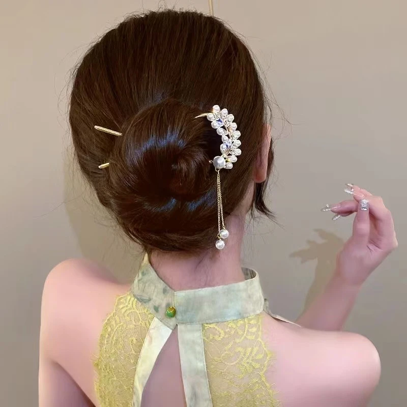 超仙气质珠珠流苏发簪女现代简约簪子古风步摇发钗子u型发卡发夹-