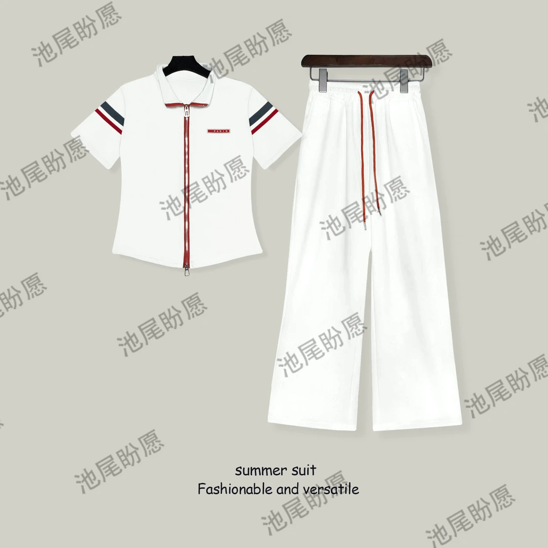 撞色拼接休闲套装女2025夏季新款时尚拉链短袖阔腿裤显瘦两件套女