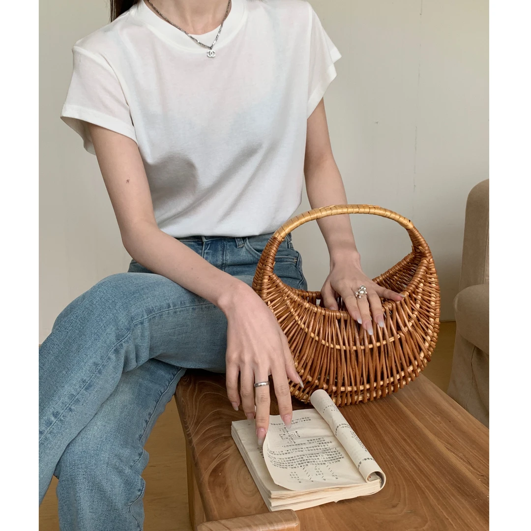 J-3883#“泡菜国定制面料”韩系简约百搭圆领宽松显瘦小飞袖