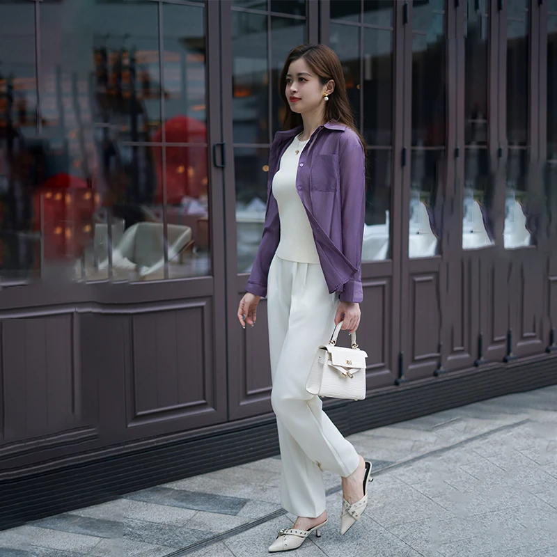 3263天丝衬衫女夏季薄款设计感小众休闲宽松罩衫外套长袖衬衣开衫