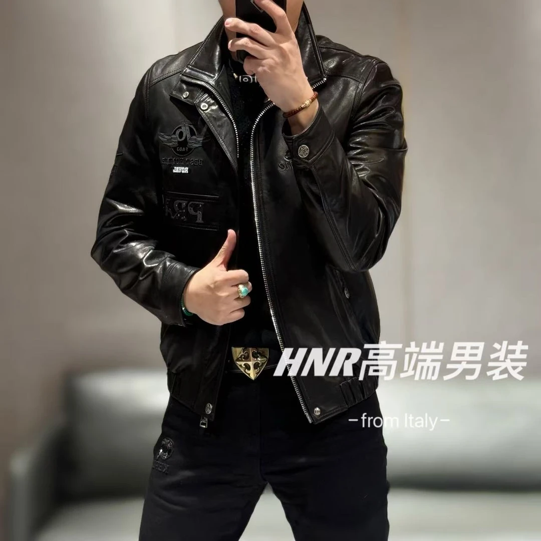 【山羊皮】设计感纯色男士加棉保暖时尚百搭皮衣5269