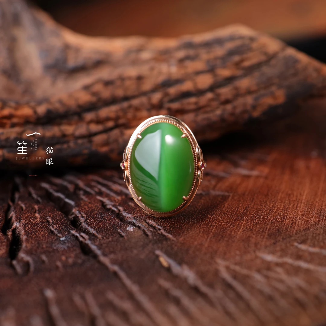 【一笙珠宝】天然和田玉碧玉蛋面戒指18k镶嵌