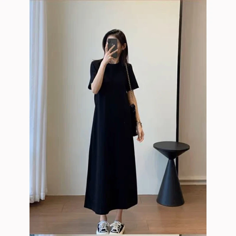 百搭休闲赫本风小黑裙懒人裙圆领中长款短袖宽松连衣裙打底长裙