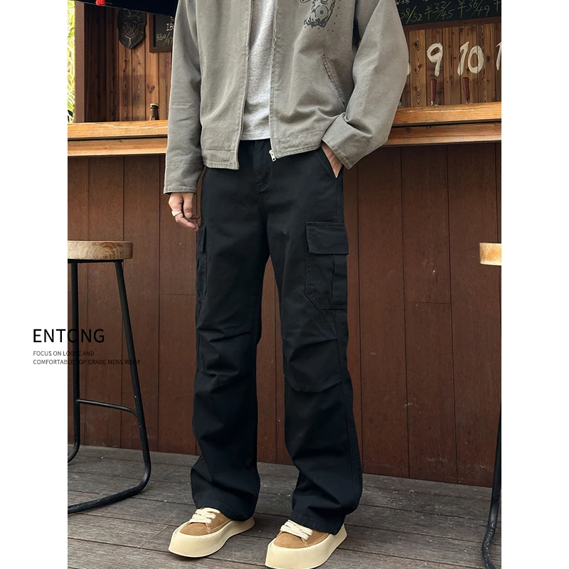 Entong日系街头复古cleanfit大口袋工装裤男宽松直筒休闲长裤