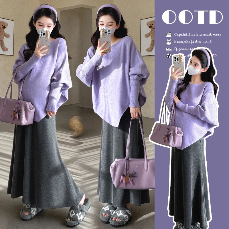 秋季孕妇装时髦洋气秋冬系慵懒风穿搭蝙蝠袖针织毛衣半身裙两件套