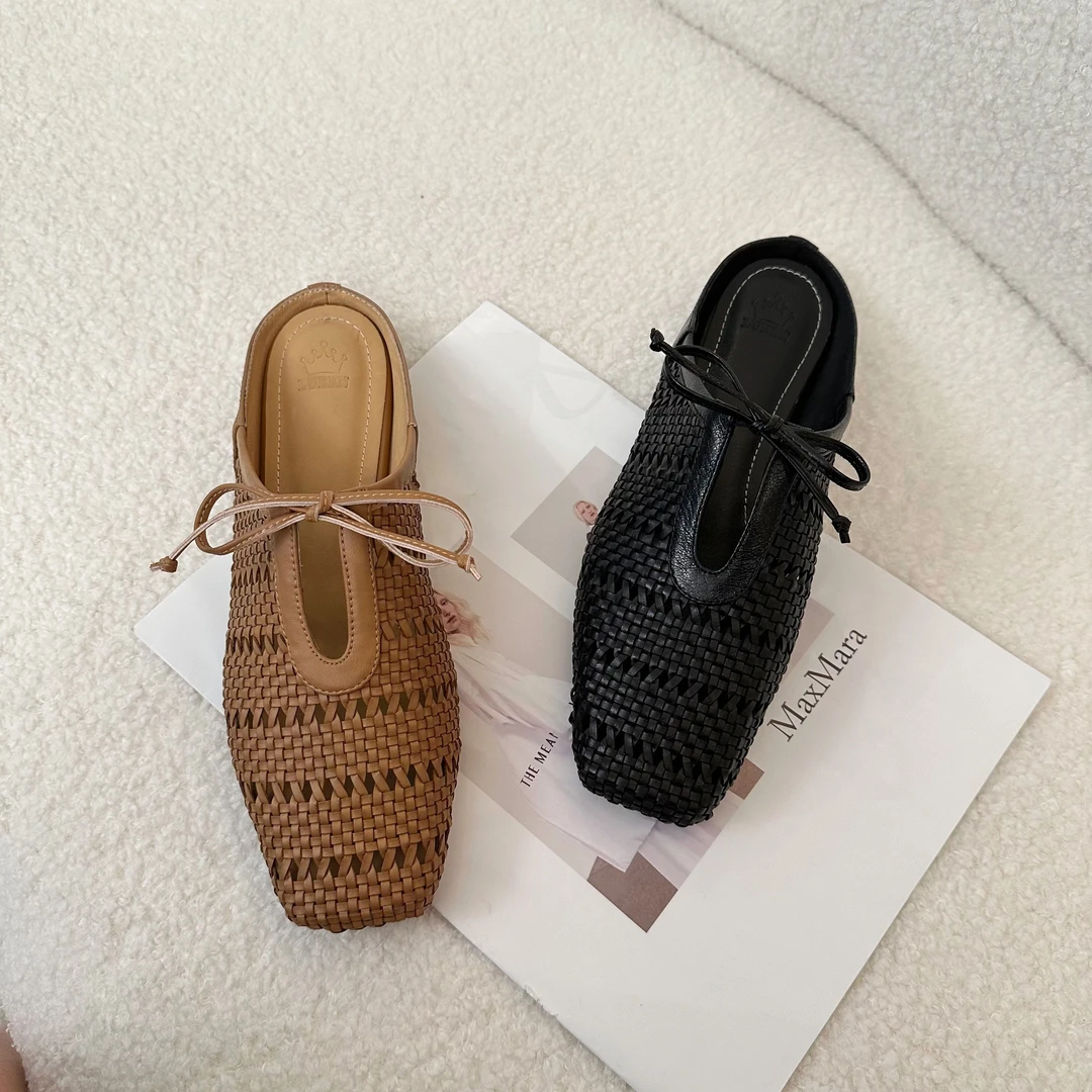春夏款复古手工成型编织方头粗跟绑带半拖舒适轻便百搭真皮女鞋