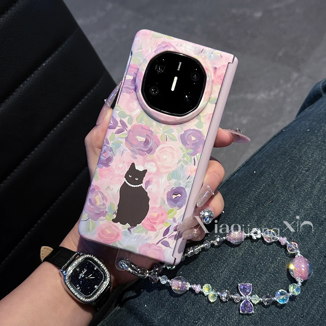 韩系适用华为MateX6典藏版折叠X5粉紫黑猫全包中轴X3手机壳挂绳女