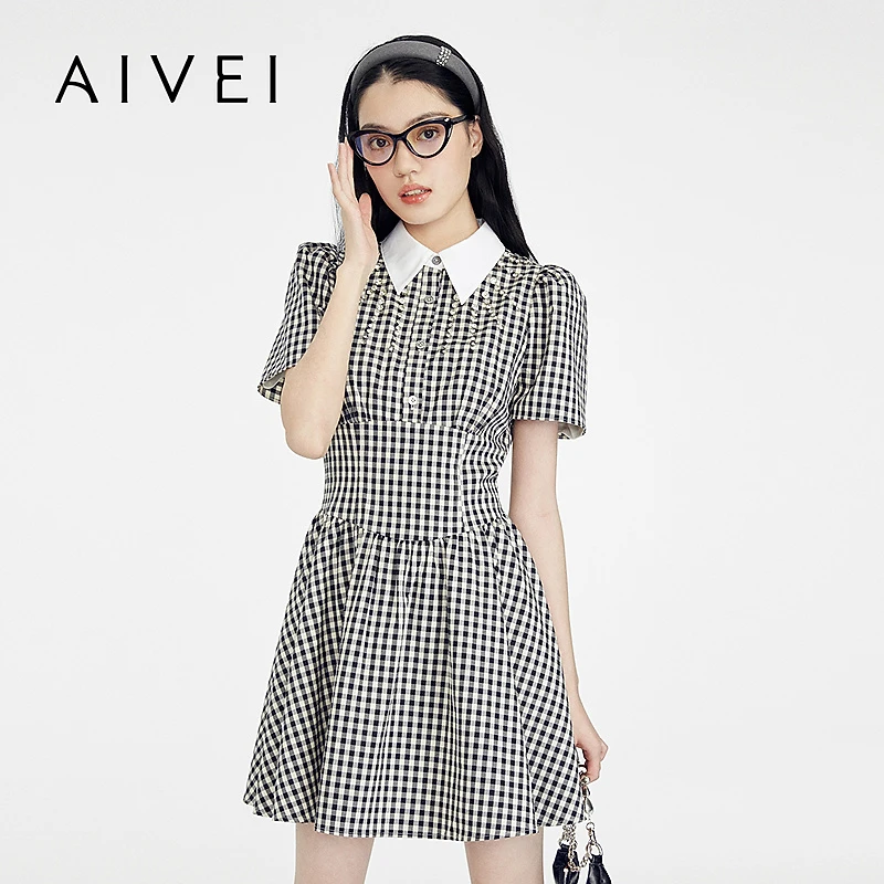 AIVEI欣贺艾薇2025夏季新减龄复古黑白格高腰水钻连衣裙S720204A