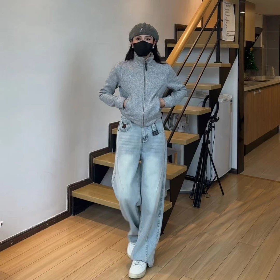 150小个子春夏浅蓝色女高腰宽松美式显瘦阔腿裤休闲直筒阔腿裤