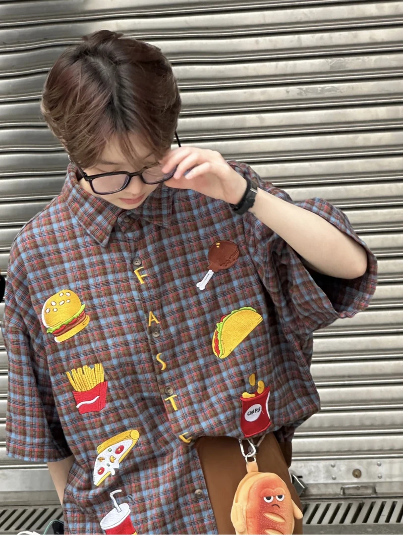 D9#某饱三位数！美式复古拼接创意卡通刺绣撞色短袖衬衣