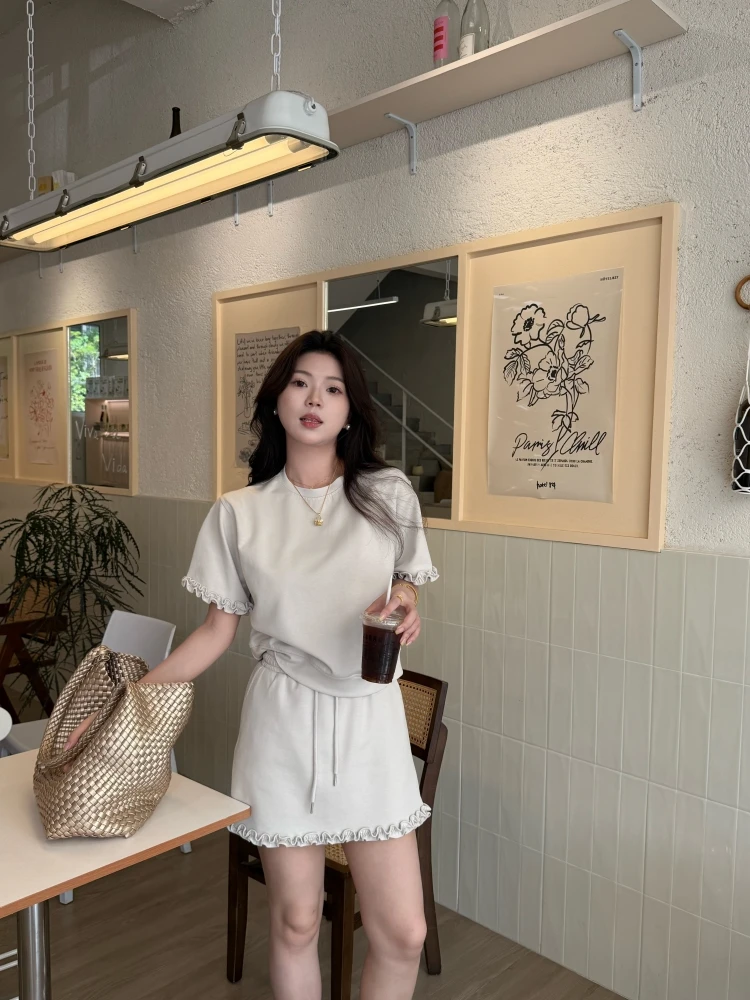 【海风絮语】韩版减龄木耳边短袖T恤女抽绳防走光A字短裙休闲两件套