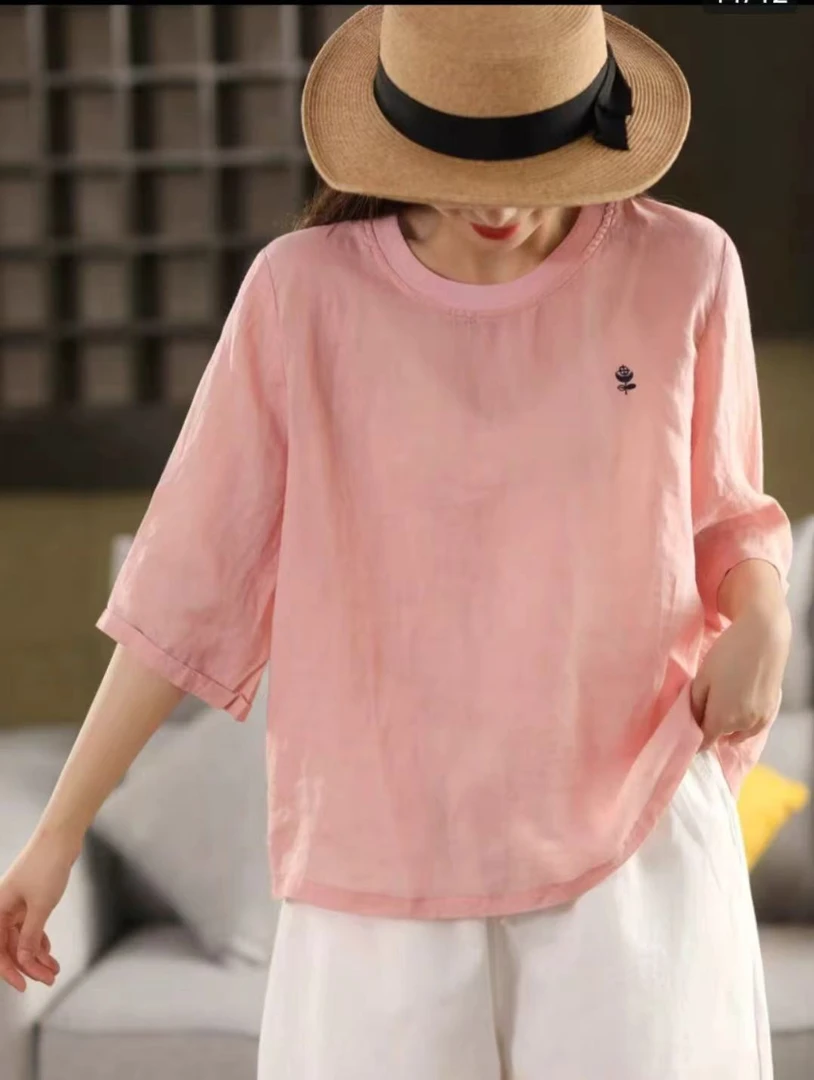 圆领夏季刺绣见外包装宽松大码吸湿排汗夏装T恤显瘦时尚休闲百搭