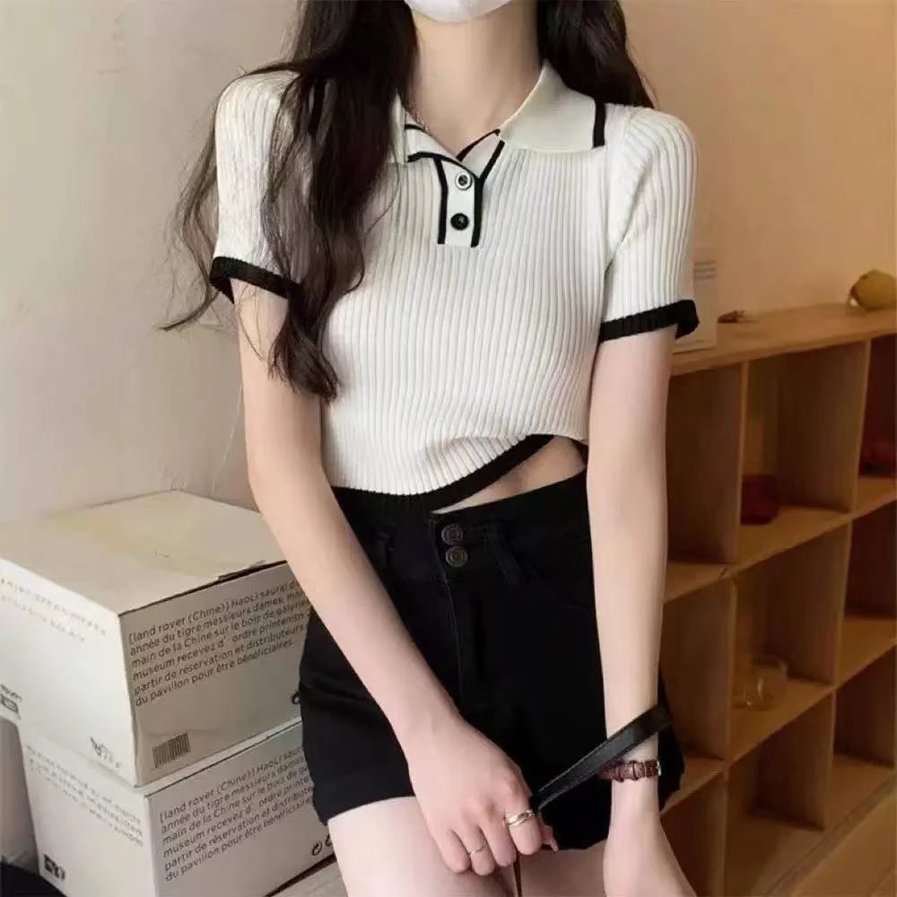 小香风Polo领针织短袖正肩t恤女2025夏季设计感小众高腰短款上衣