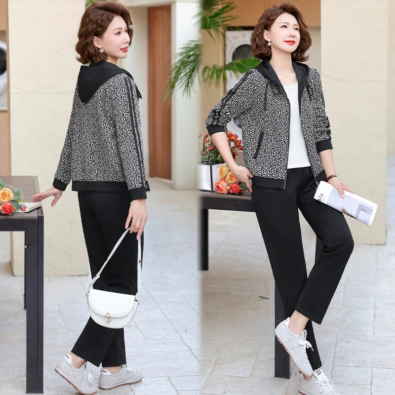 中年妈妈装春秋运动服套装大码洋气连帽开衫中老年休闲卫衣两件套