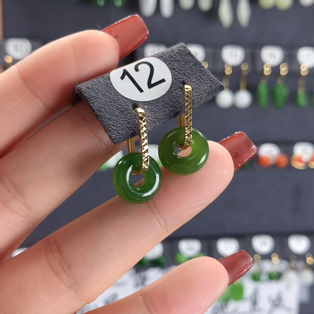 和田玉耳饰18K金镶嵌12