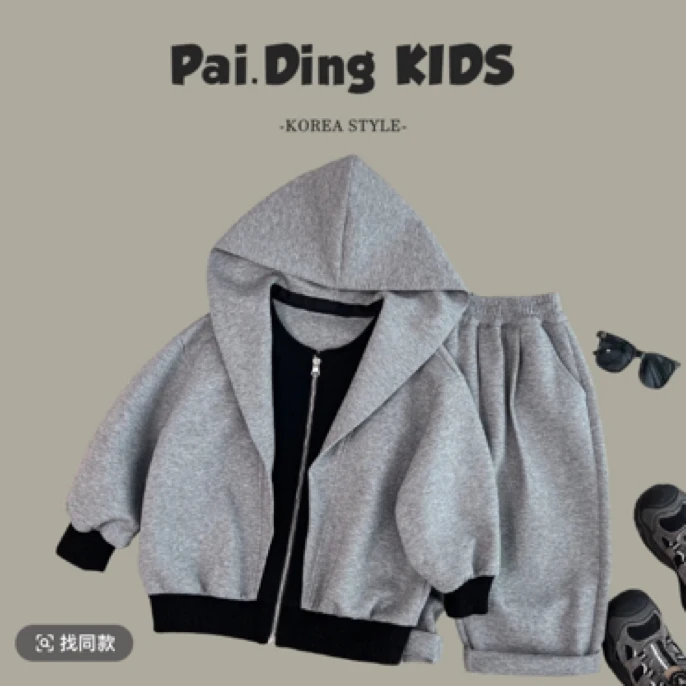 男童套装春装儿童韩版时尚假两件休闲连帽外套裤子两件套