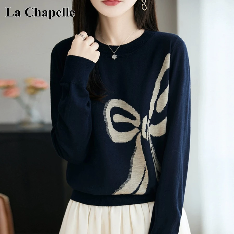 拉夏贝尔设计感提花针织打底衫女2025春秋款洋气大码女装秋冬毛衣