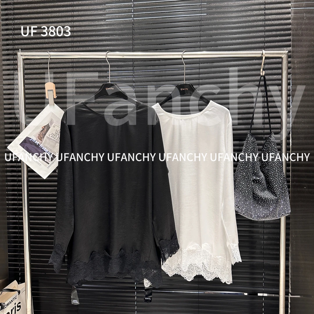 （春款）UF#气质缎面蕾丝上衣#3803