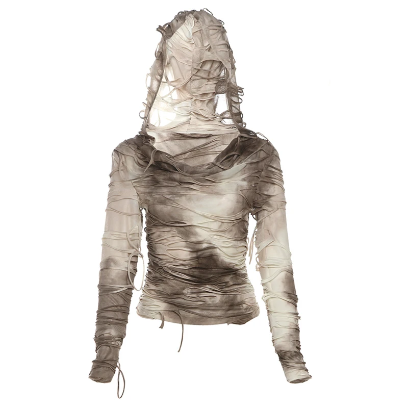 I.THE 流浪沙漠扎染破洞连帽长袖T恤女小众辣妹修身废土风上衣