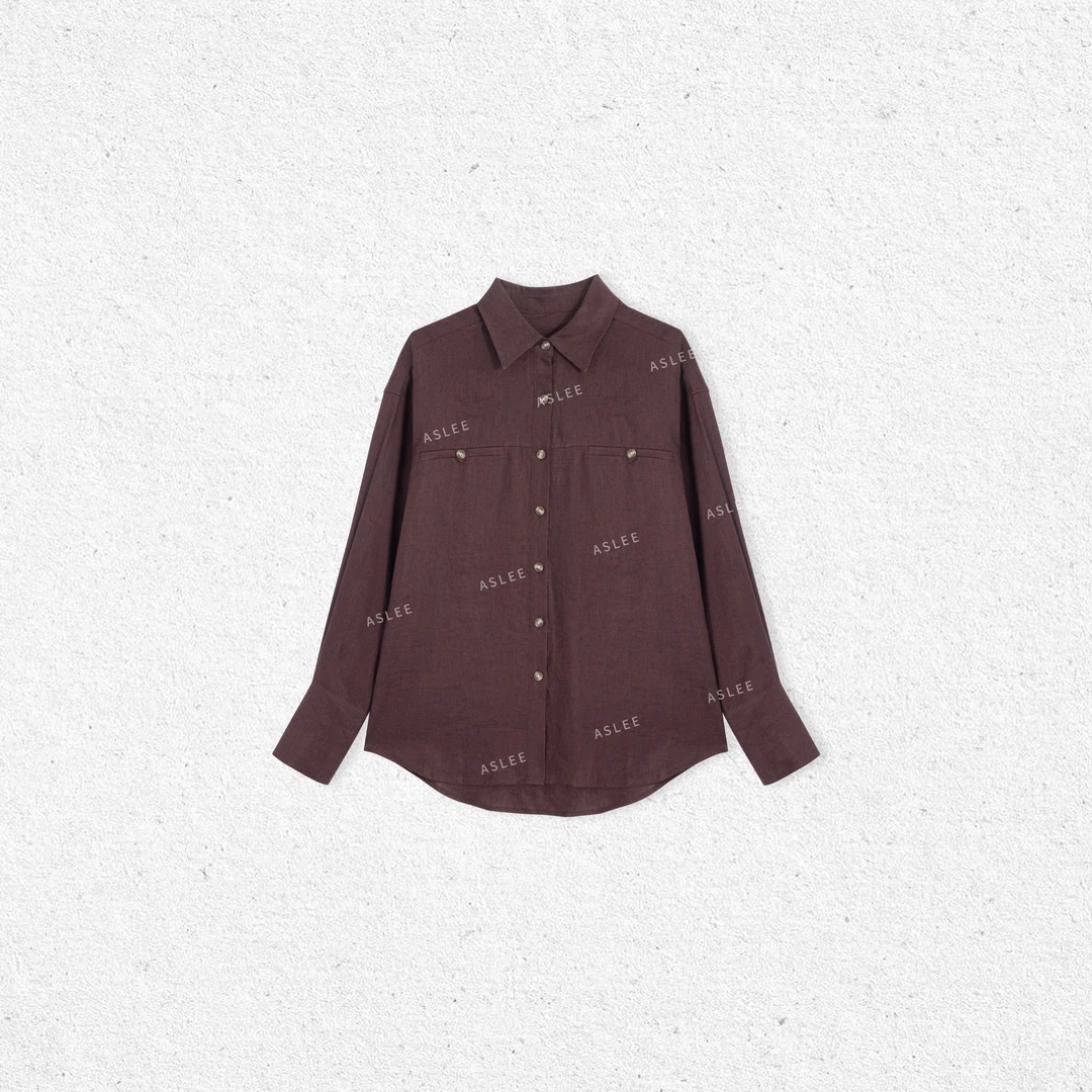 【ASHLEYASS】酒红色时尚假口袋设计春秋衬衫排扣衬衣LSS240914Y