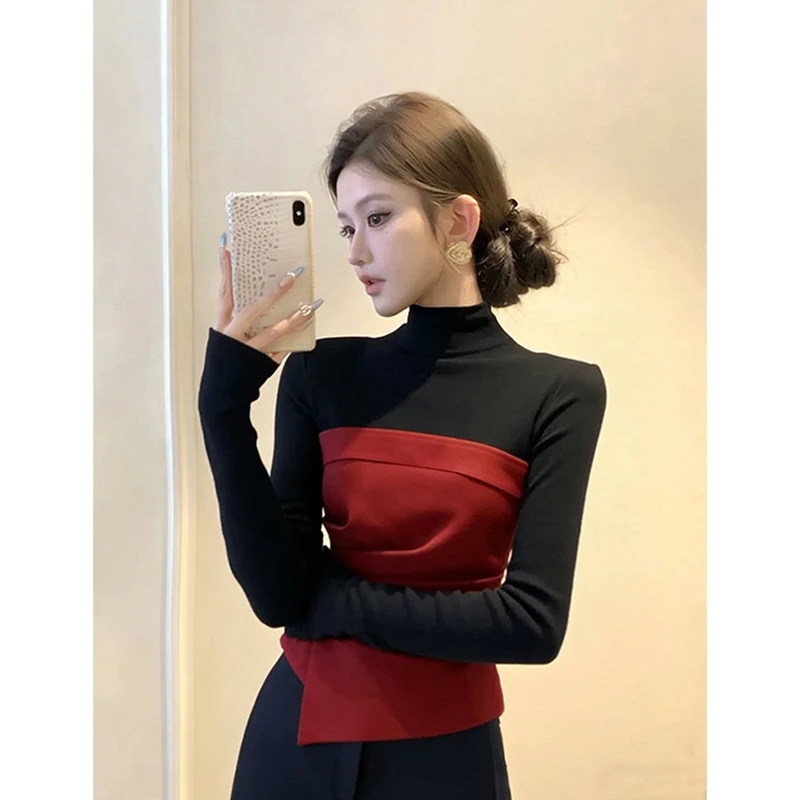 韩系小众不撞款上衣内搭打底衫黑色拼接半高领褶皱长袖t恤女秋冬