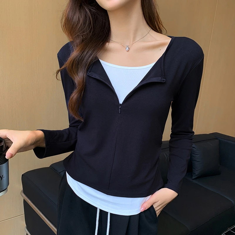 秋季新款拉链假两件长袖T恤女装休闲褶皱打底衫上衣