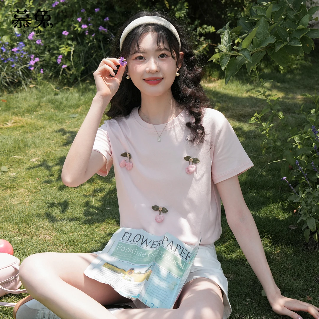 慕兔甜美立体樱桃短袖t恤女2025新款夏季小个子宽松正肩短袖上衣