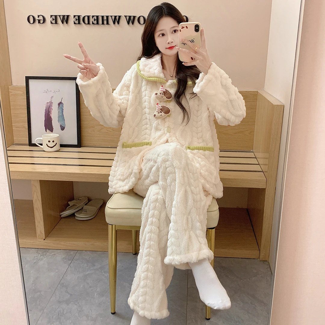 卡通小狗秋冬季睡衣女长袖长裤冬季长毛绒保暖女大学生家居服套装