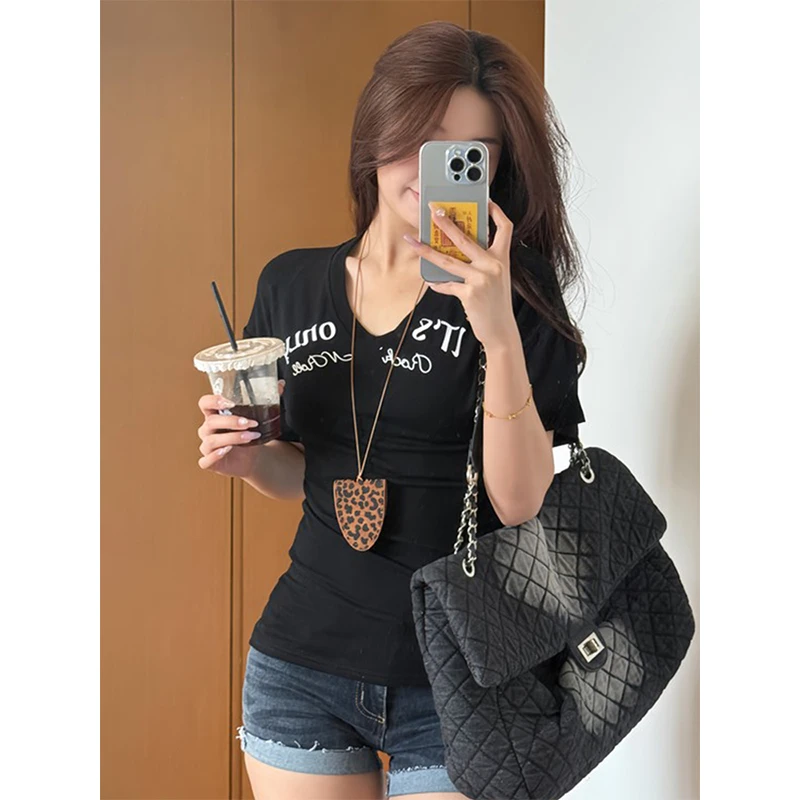 美式辣妹修身显瘦字母印花短袖T恤女装夏季百搭绝美chic