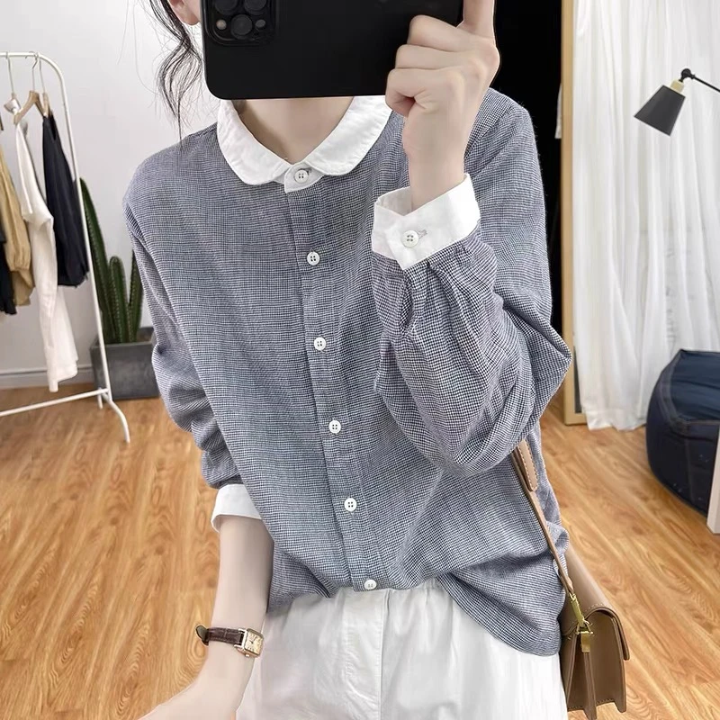 复古蓝白小格子双层棉纱长袖衬衫女宽松百搭减龄上衣显瘦排扣衬衣