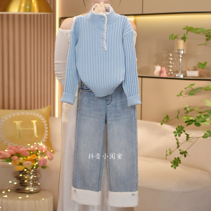 【闺蜜家】女童秋冬季2025新款时尚花边毛衣+加绒牛仔裤套装-9005