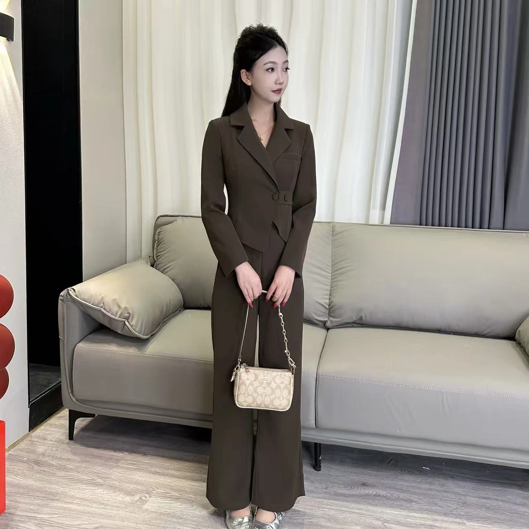 《恰好时光5055咖色》琳琳小个子时尚套装西裤百搭上短收腰女装
