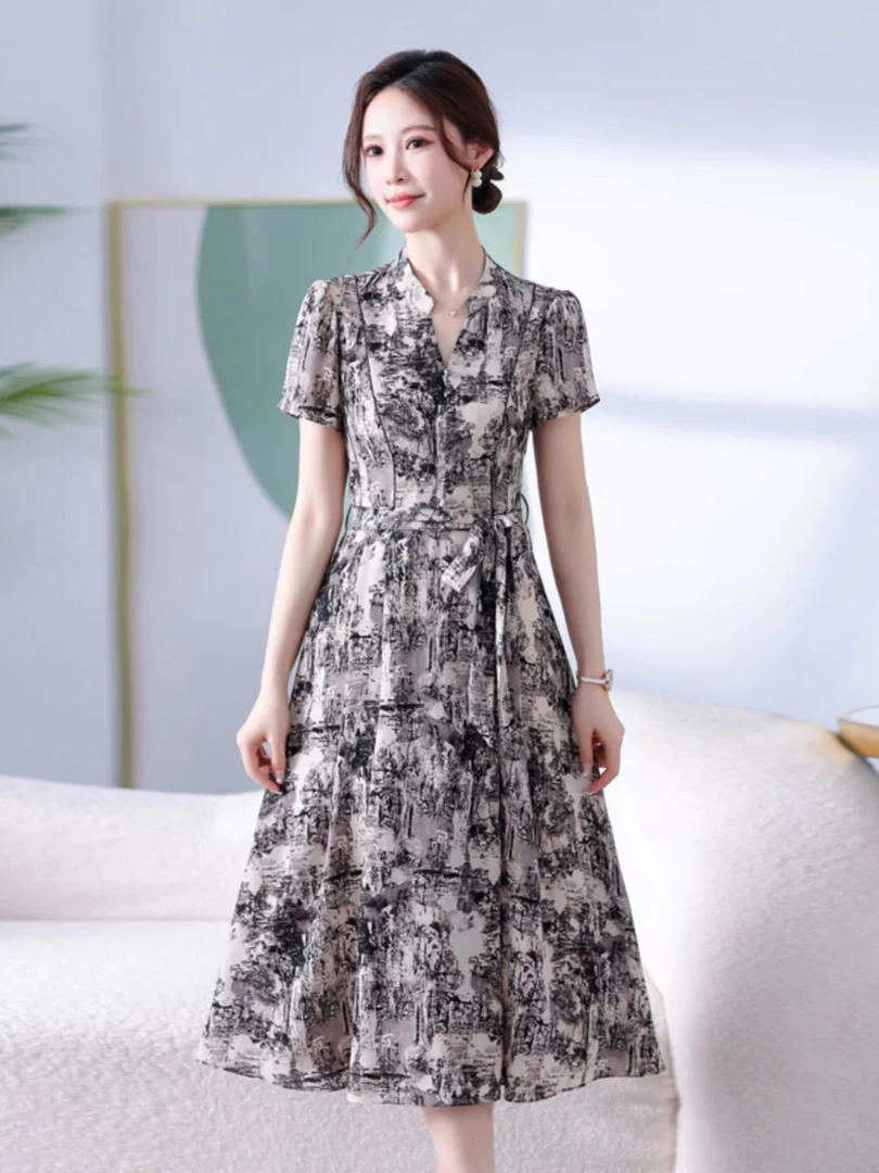 H856水墨画连衣裙女士时尚气约潮拼接裙子春秋色牛仔