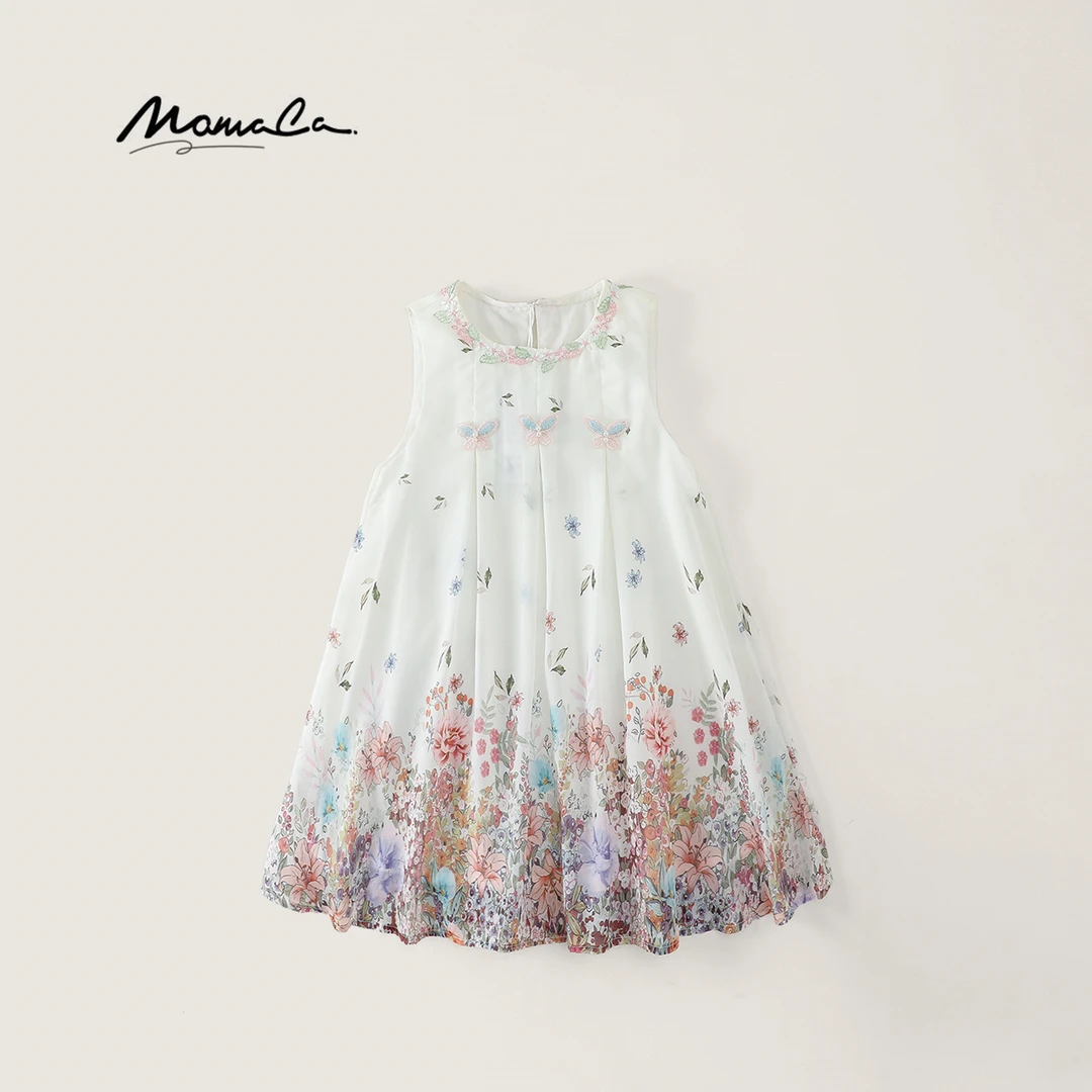 MOMOCO女童2025新款女童甜美碎花蝴蝶刺绣仙女连衣裙77630484032