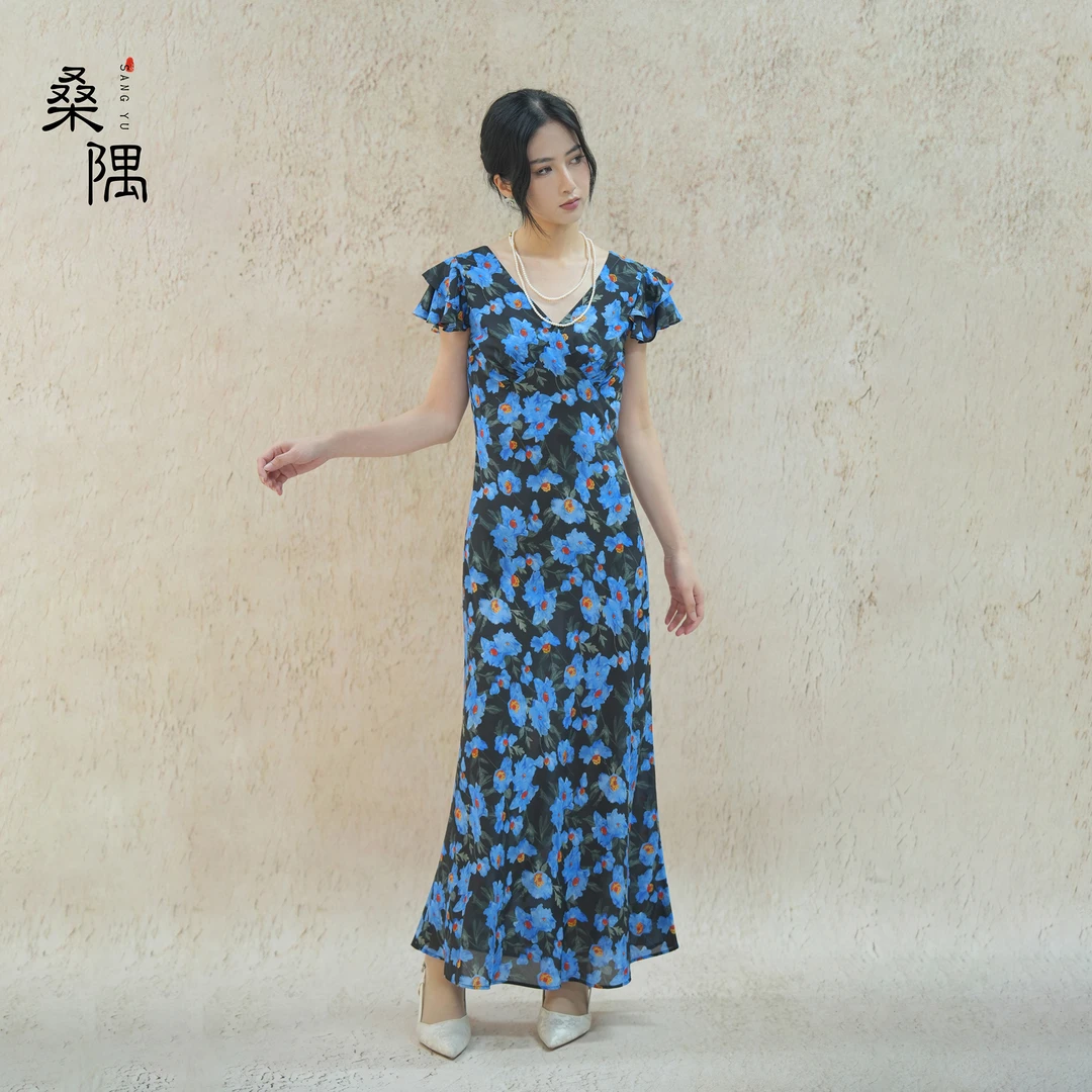 100桑蚕丝 碎花小清新 优雅时尚气质花边无袖套头连衣裙25SS349D