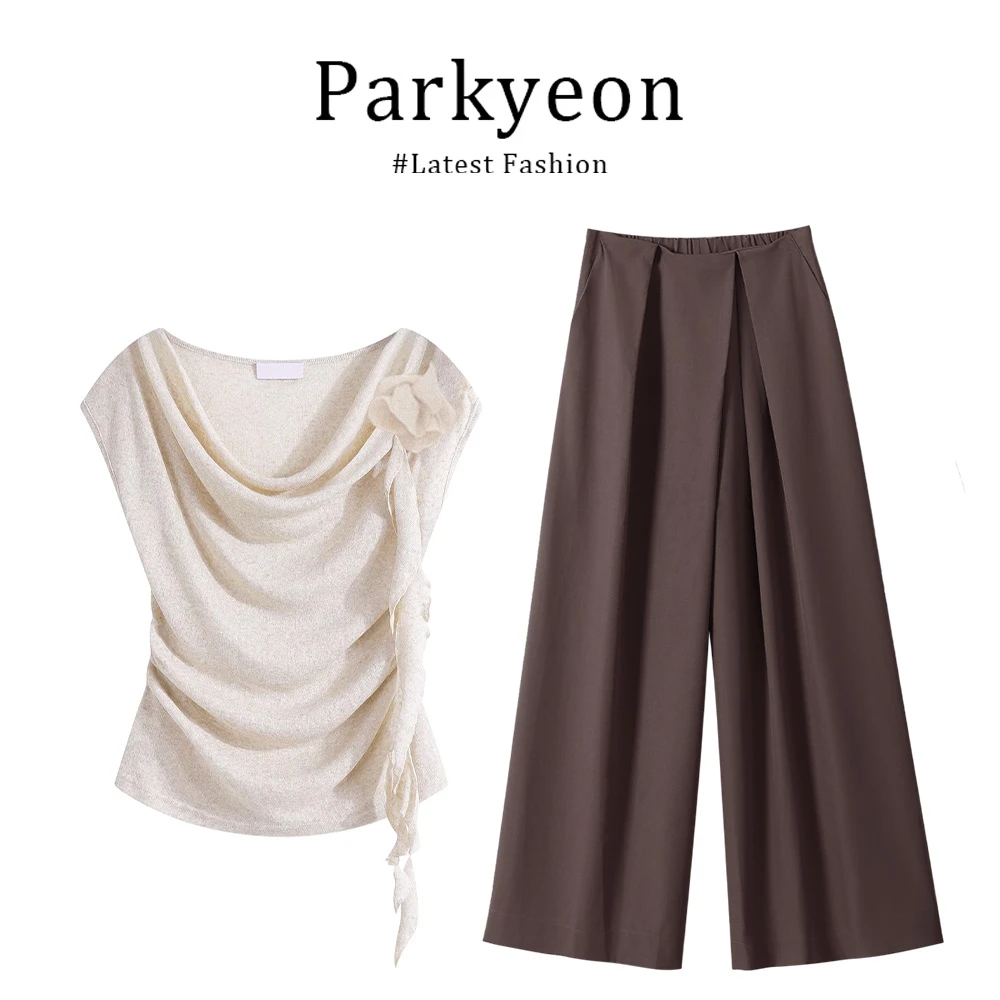 parkyeon韩版气质荡领立体花飘带上衣高腰显瘦阔腿休闲裤气质套装