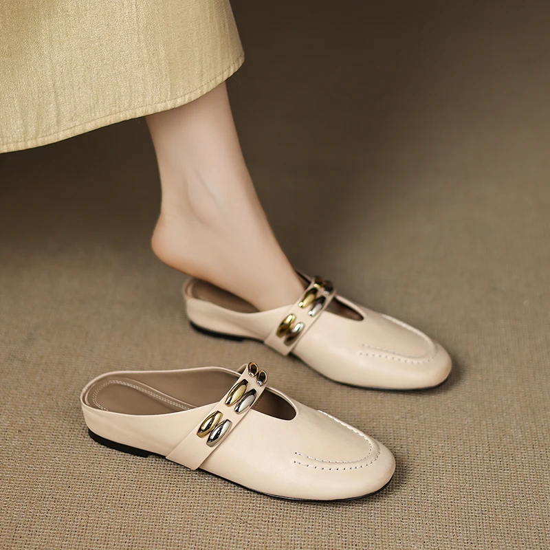 包头半拖鞋女时尚外穿2025年新款一字带真皮内增高平底休闲穆勒鞋