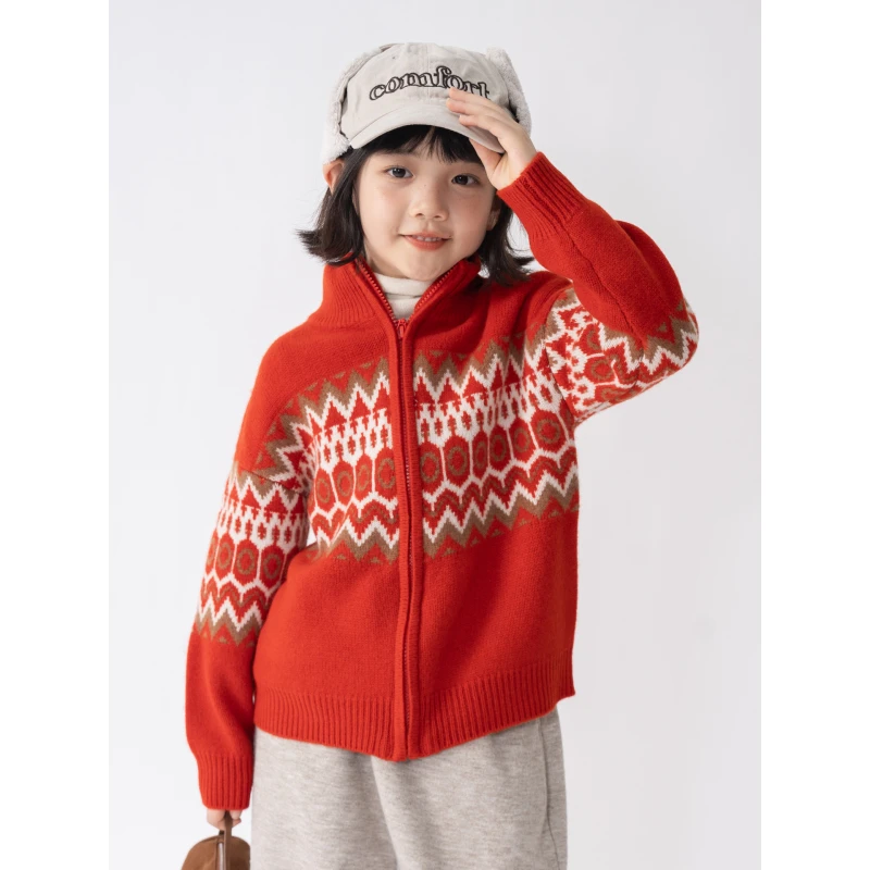 ‘热烈’【100羊毛】女童新年红色新款儿童羊毛衫拜年服拉链开衫