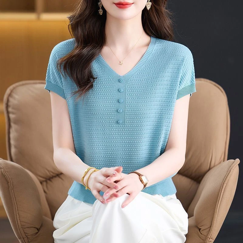 短袖V领2025年夏季新款洋气遮肚子V领T恤宽松针织上衣女妈妈装