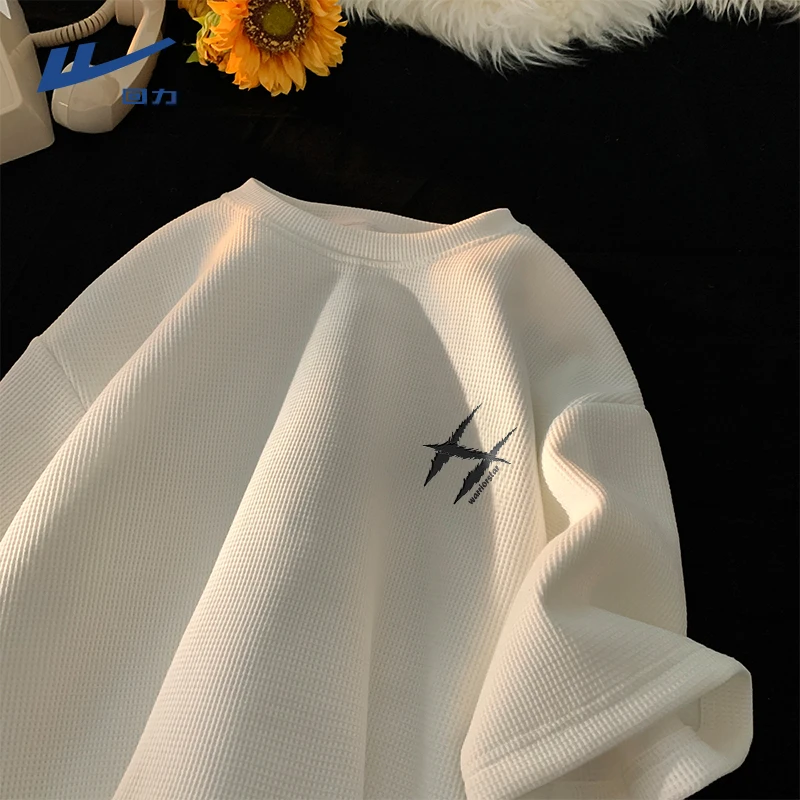 回力华夫格短袖t恤男士夏季简约圆领宽松半袖男款美式休闲体恤衫