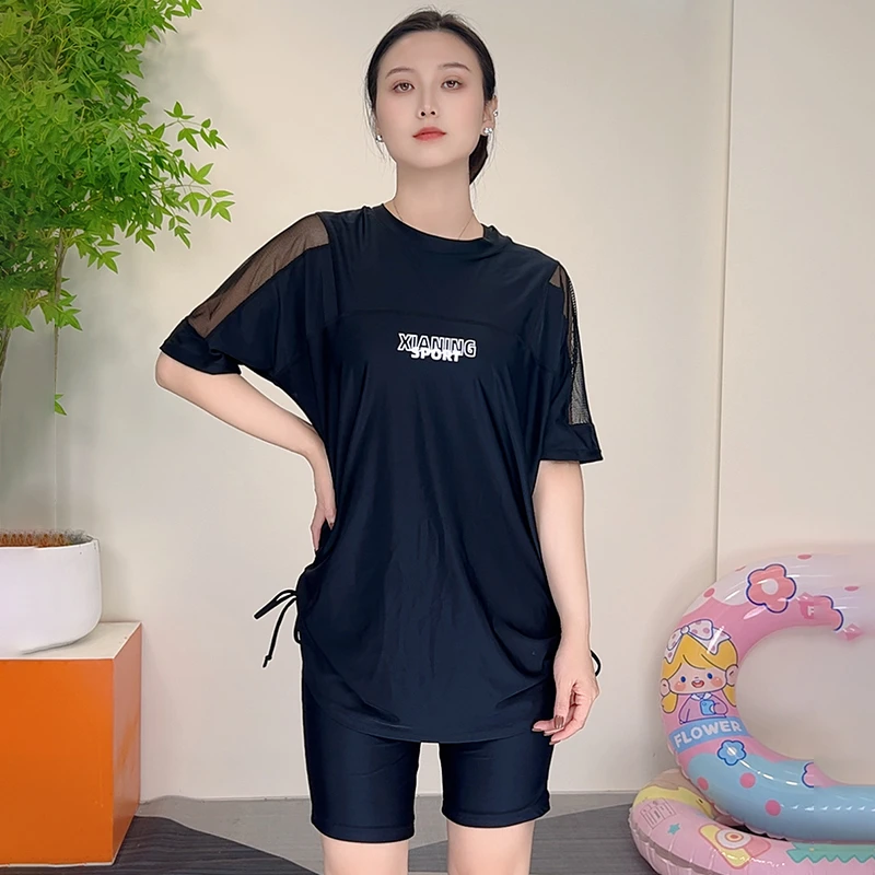 泳衣女加大码微胖mm遮肚显瘦保守温泉学生运动三件套黑色宽松罩衫