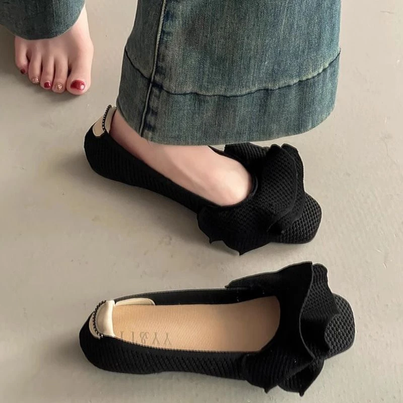 2025新款蛋卷荷叶针织平底方头夏季法式气质软底舒适单鞋女奶奶鞋