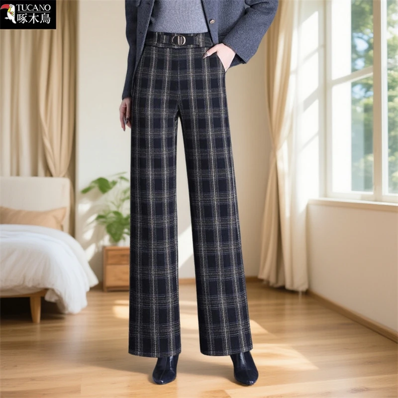 啄木鸟秋冬高腰显瘦阔腿裤女垂感外穿新款大码拼接撞色设计休闲裤