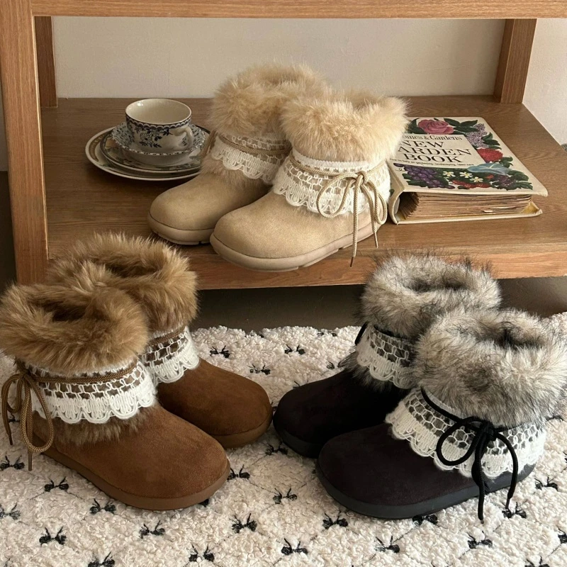 2025冬季新款费尔岛千禧风毛毛雪地靴加绒内增高保暖东北棉鞋短靴
