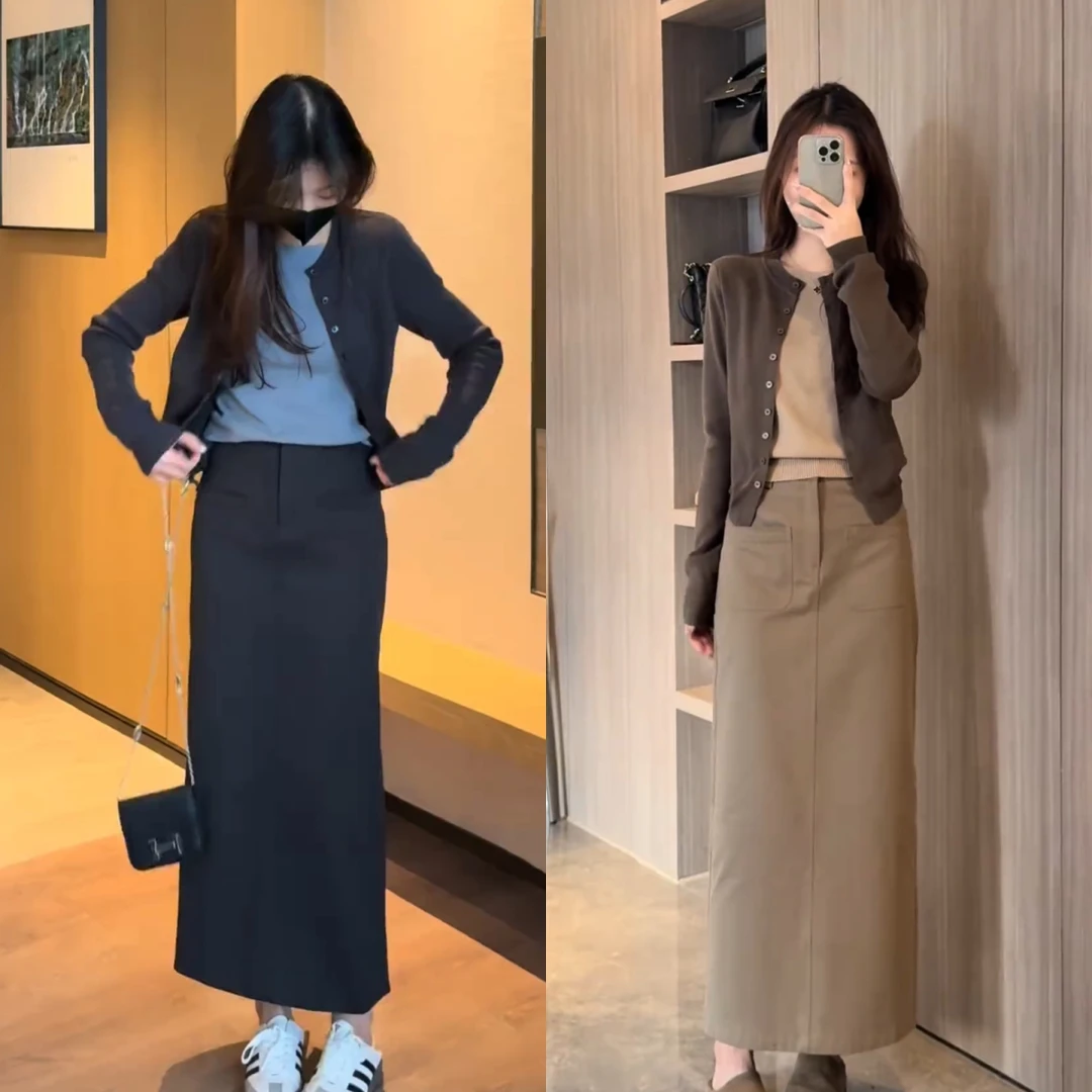 2025秋季新款韩系氛围感穿搭拼接假两件针织上衣半身裙两件套