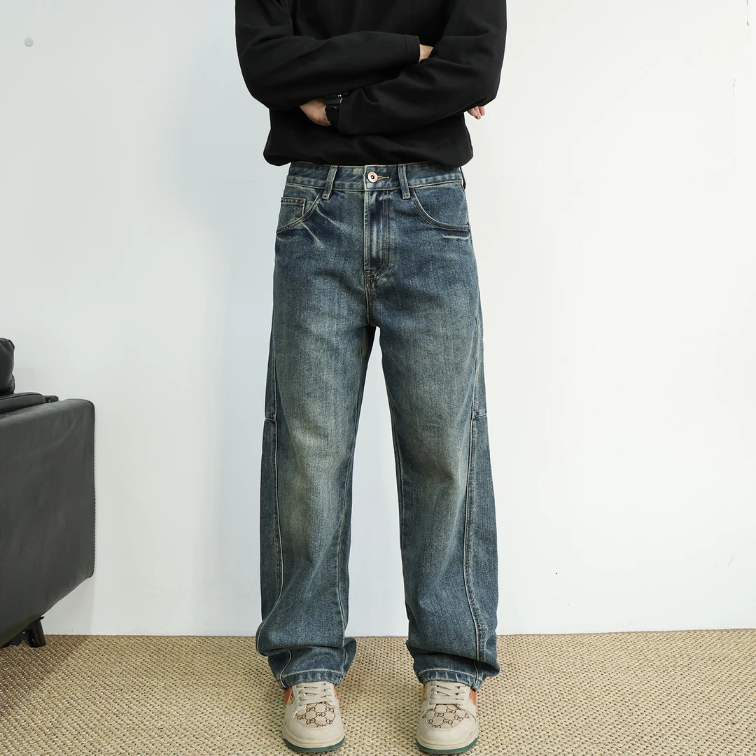 SYBBZ 美式侧边拼接男士直筒深蓝色牛仔裤潮牌复古百搭宽松长裤男
