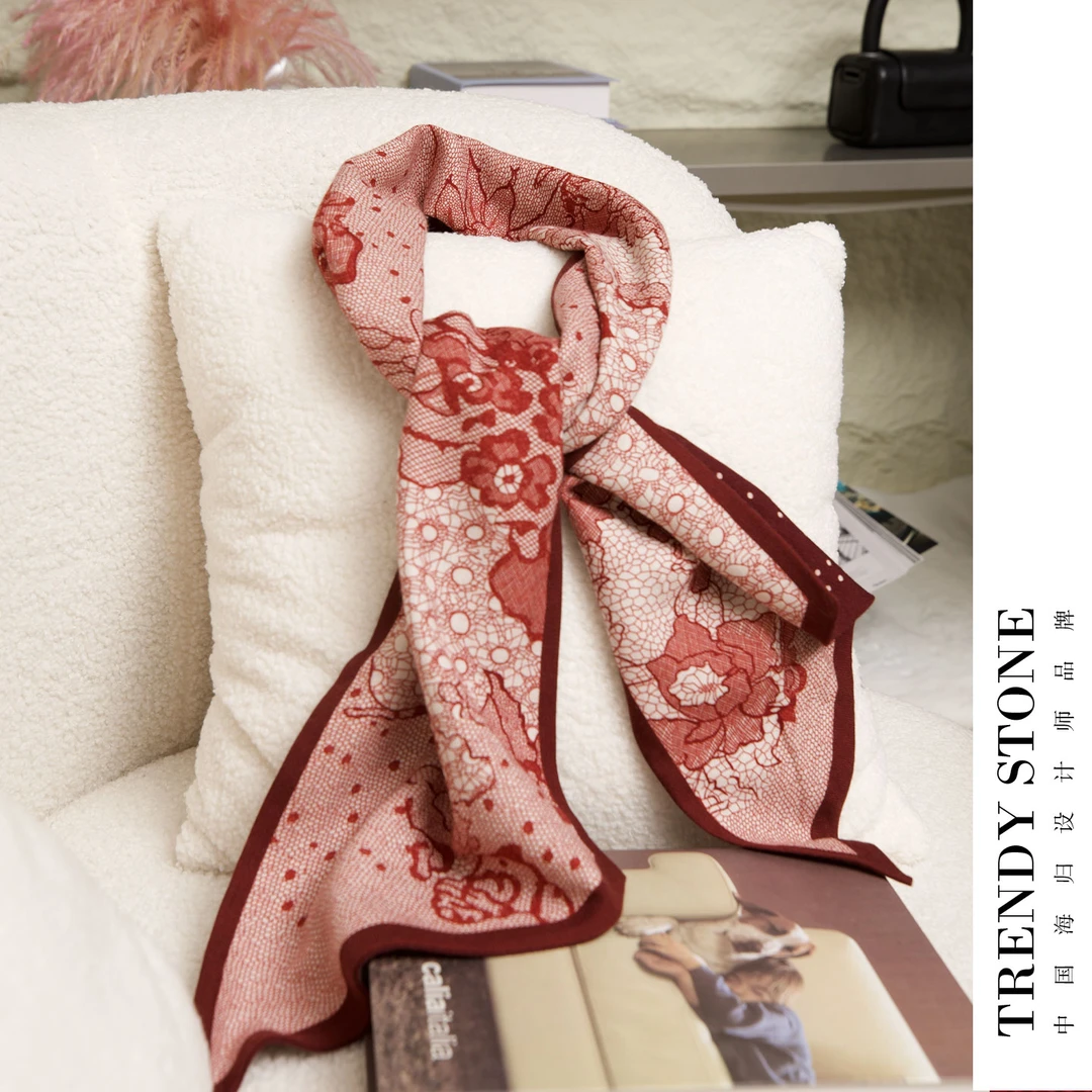 潮石新款时尚围巾100%羊毛双面蕾丝花TW7PW0088