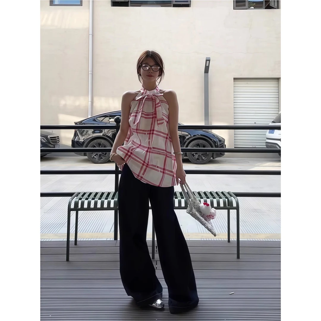 红格纹挂脖高级感连衣裙女夏季新款蝴蝶结领带宽松无袖短裙6839#